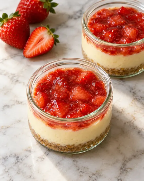 Cheesecake de potinho com calda de morango